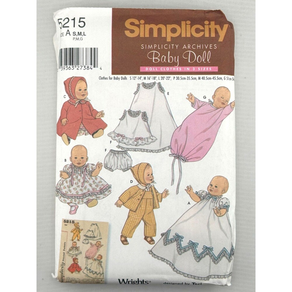Simplicity 5215 Baby Doll Clothes Pattern Uncut S M L Wardrobe Outfit Set